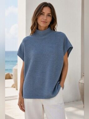 FDJ Mock Neck Sweater L Blue Ribbed Coastal Minimalist Oversized Modern Chic